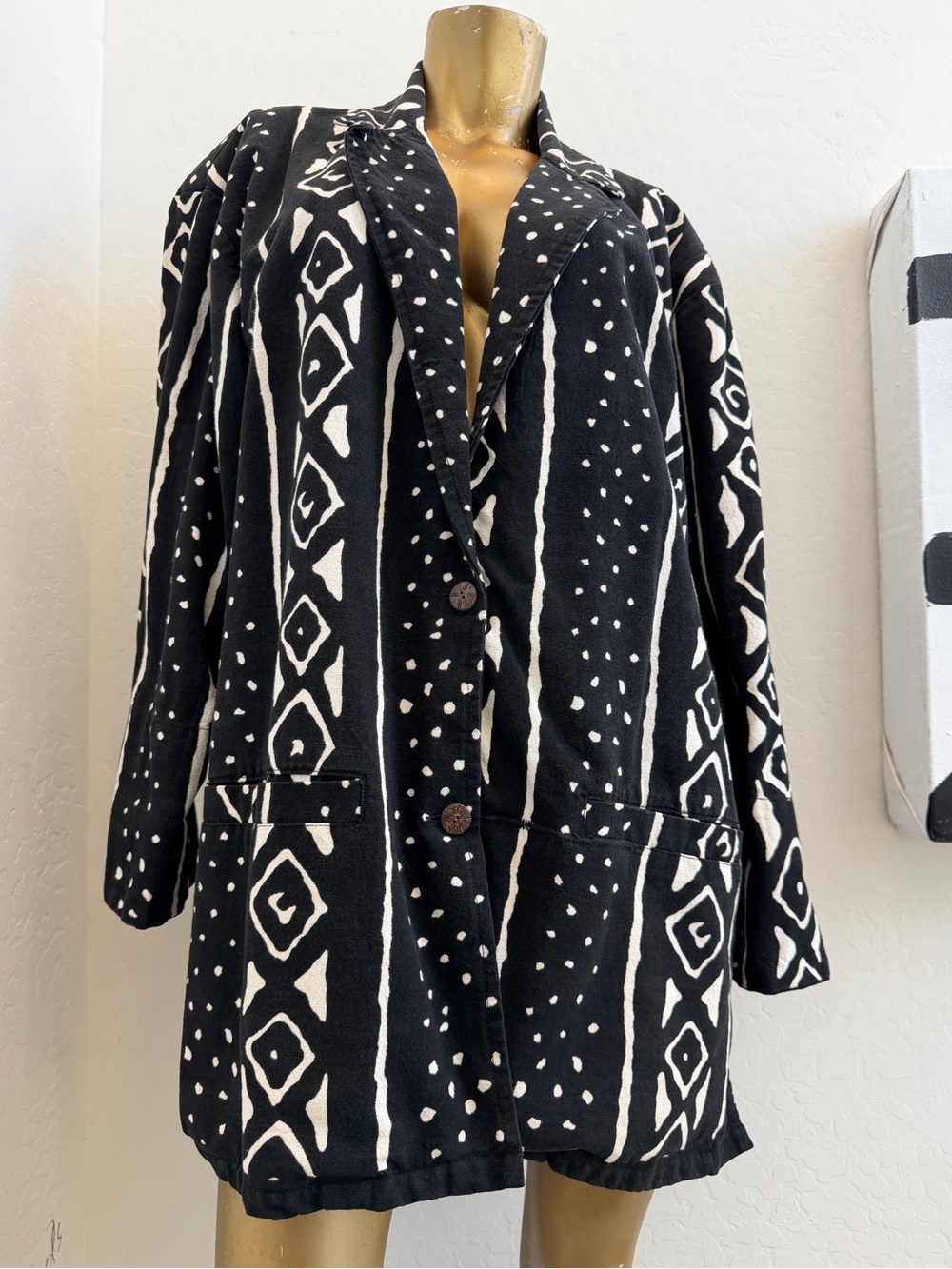 Vintage Black & Cream Geometric Print Indian Cotton Mudcloth Blazer Jacket, L